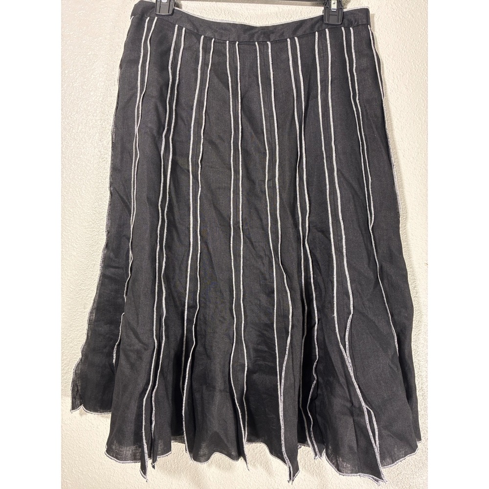 Carole Little Black Linen Skirt White Contrast Stitch A-Line Knee Length Size 10